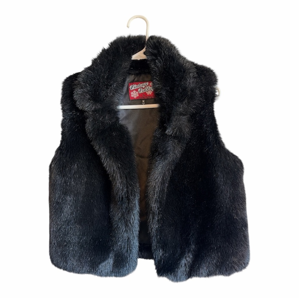 VINTAGE VALLEY Black Faux Fur Vest Fluffy Vegan Women’s L